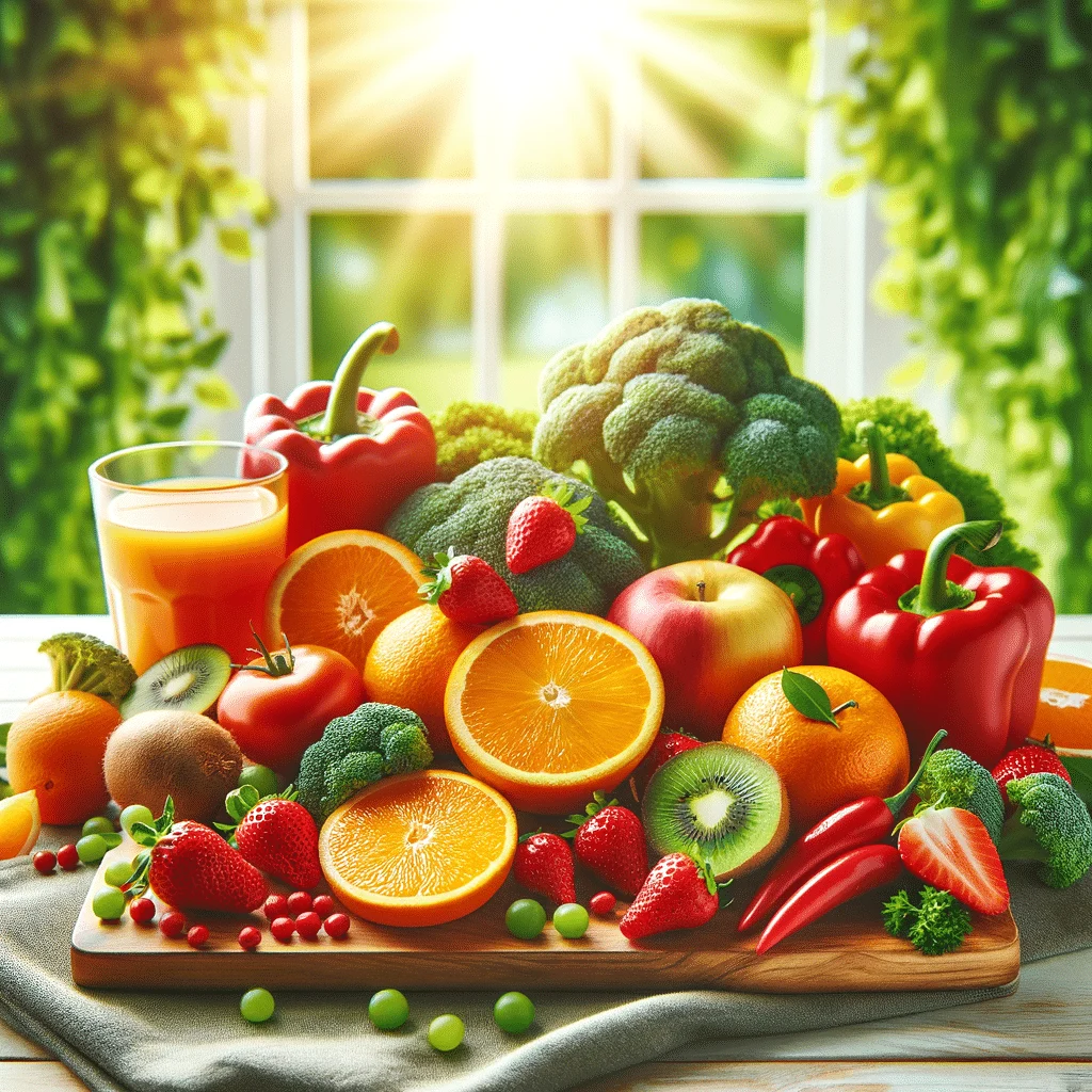 Vitamin C benefits with citrus fruits, bell peppers, broccoli and kiwi shown as everyday food sources