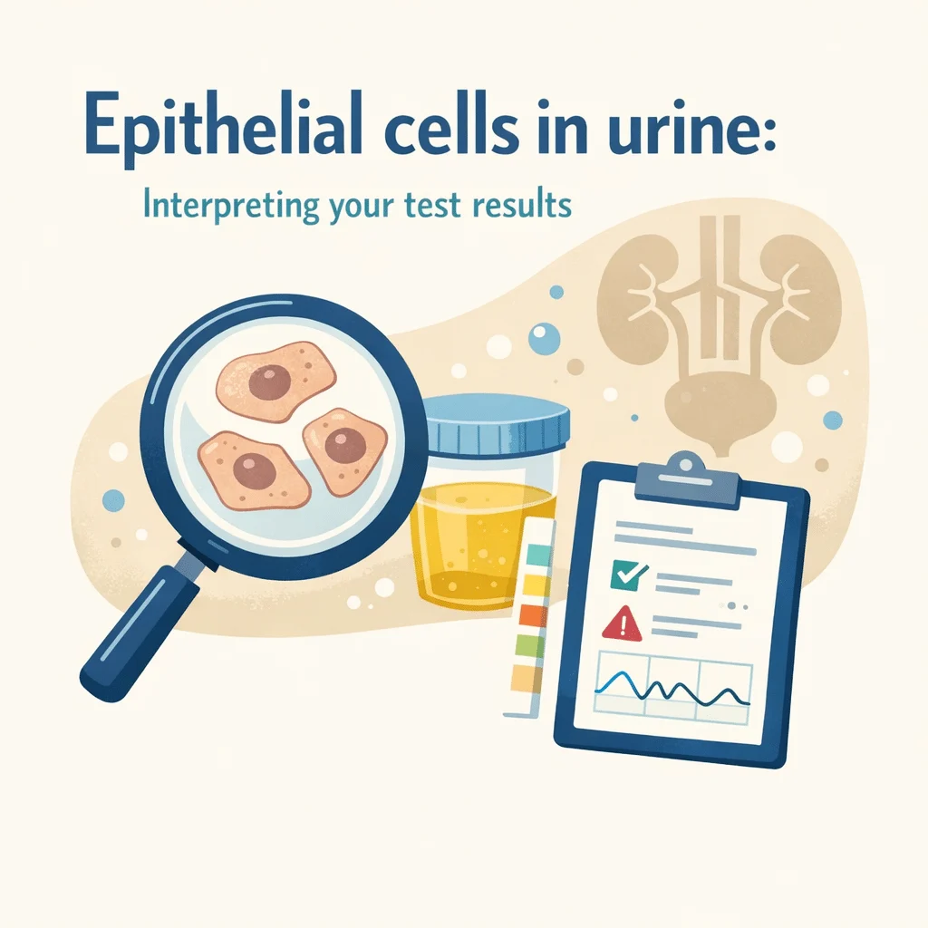 Vista ao microscópio mostrando células epiteliais escamosas e células epiteliais tubulares renais na urina numa lâmina de laboratório