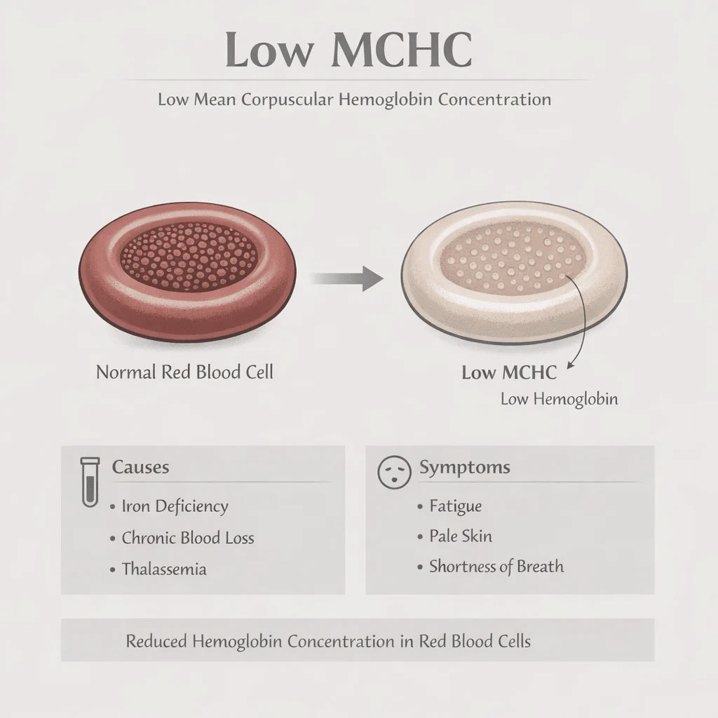 Hemograma completo com um resultado de MCHC baixo lido em conjunto com os valores de MCV, MCH e RDW