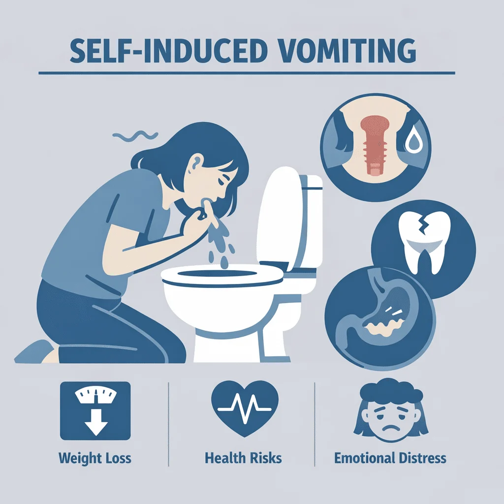 Self-induced vomiting explained as a symptom of an eating disorder, with routes to treatment, support and recovery