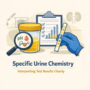 Urine chemistry dipstick held beside its color chart showing the ten pad results read during urinalysis
