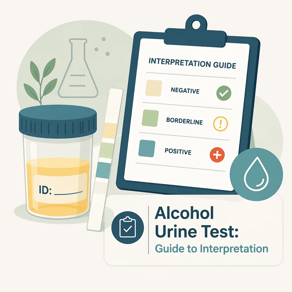 Urine sample cup beside a laboratory report showing the EtG and EtS cutoffs used in an alcohol urine test
