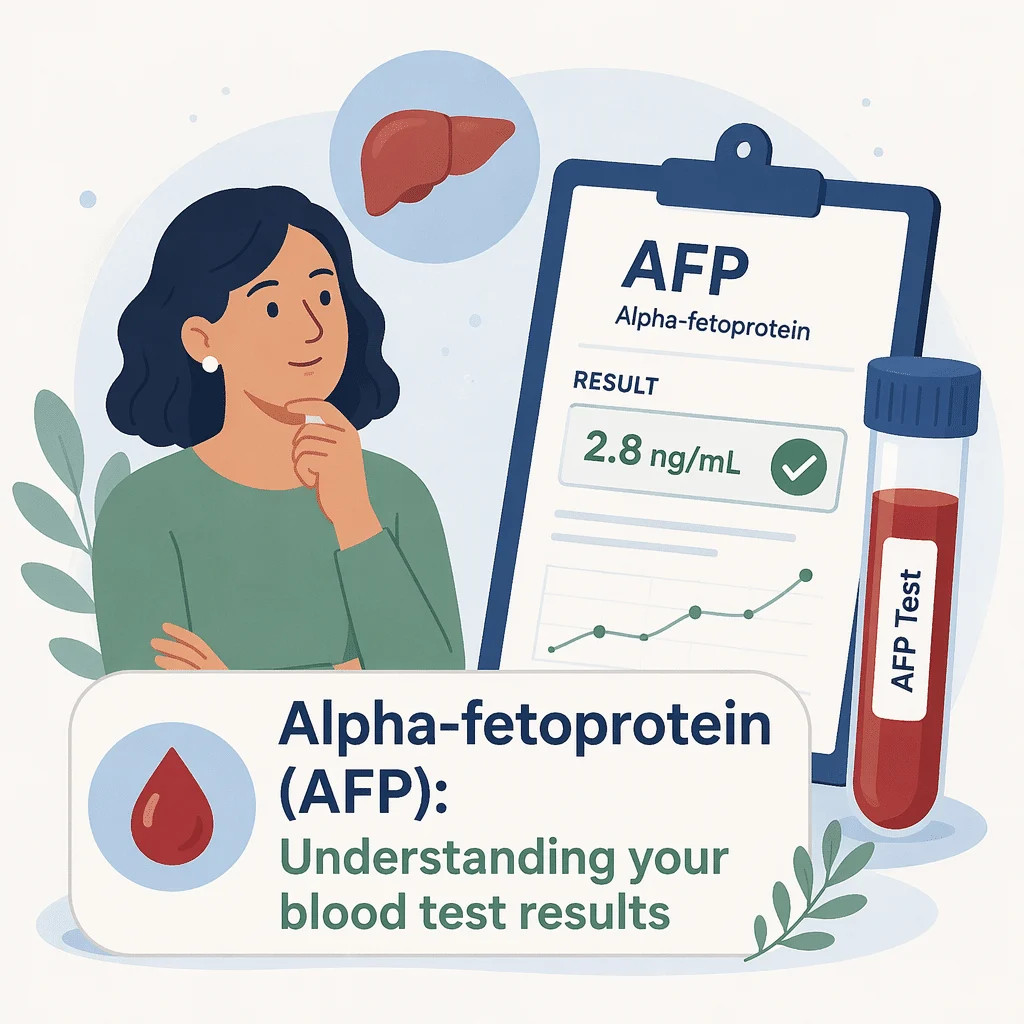 Tubo de análise de AFP num laboratório ao lado de uma ecografia hepática, ilustrando a vigilância com alfa-fetoproteína