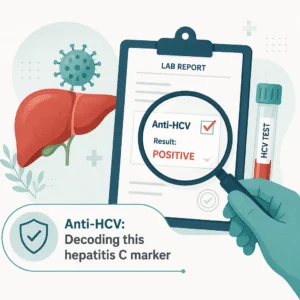 Hepatitis C antibody test sample in a laboratory with a report showing a reactive anti-HCV screening result
