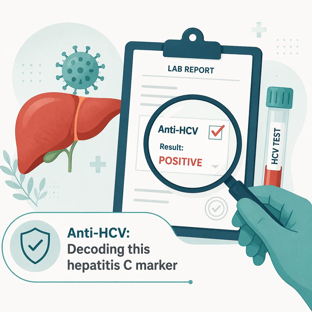 Amostra do teste de anticorpos para hepatite C em laboratório com relatório a mostrar um resultado reativo no rastreio anti-HCV