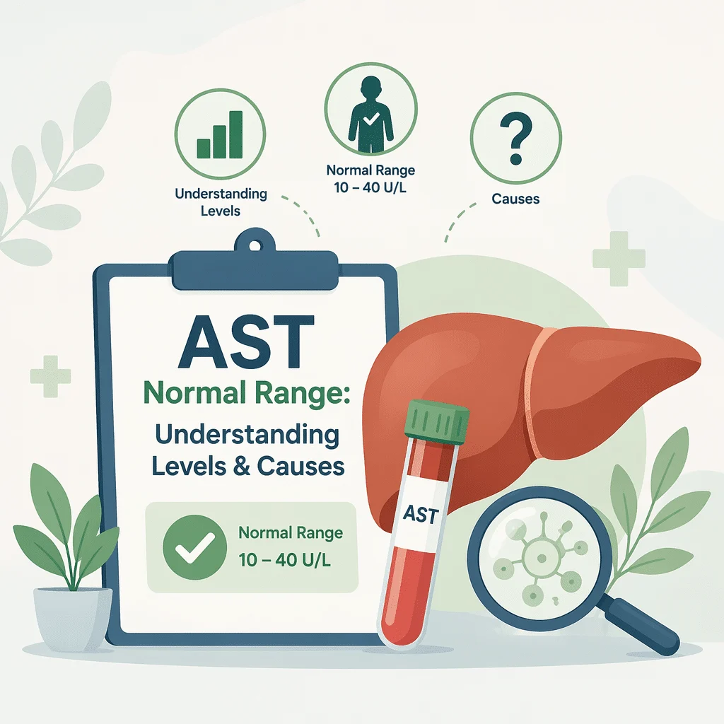 AST normal range shown on a liver blood test report alongside common causes of a raised AST result