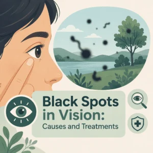 Dark specks and thread-like shapes drifting across a bright background, illustrating black spots in vision