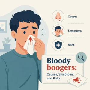 Bloody boogers on a tissue: blood-streaked nasal mucus caused by a dry, crusting nasal lining in winter