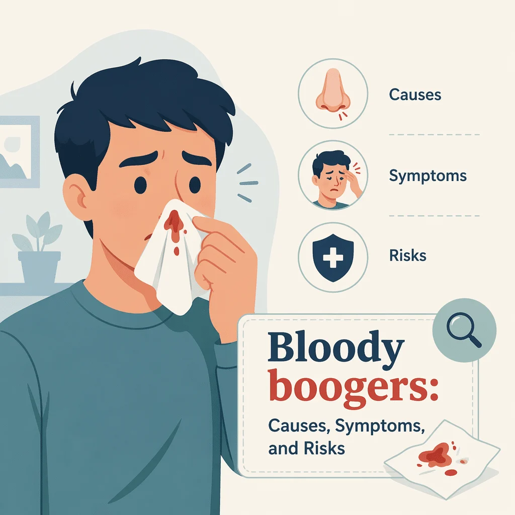 Bloody boogers on a tissue: blood-streaked nasal mucus caused by a dry, crusting nasal lining in winter