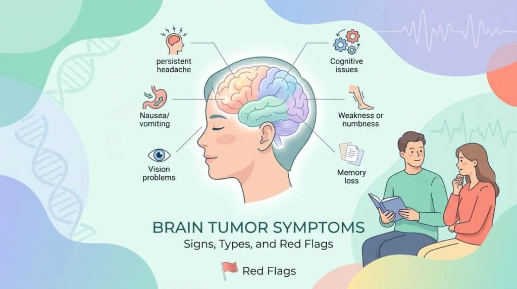 Homem preocupado a segurar a cabeça enquanto um médico analisa uma ressonância magnética cerebral para avaliar sintomas de tumor cerebral numa clínica