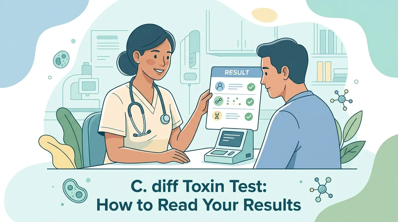 Amostra de fezes para teste de toxina de C. diff, mostrando o antigénio GDH, a toxina A e B, e os resultados do NAAT para a infeção por Clostridioides difficile