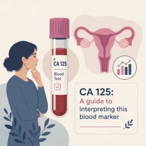 산부인과 진료 중 골반 초음파 검사와 함께 검토되는 검사 결과지의 CA 125 혈액 검사 수치