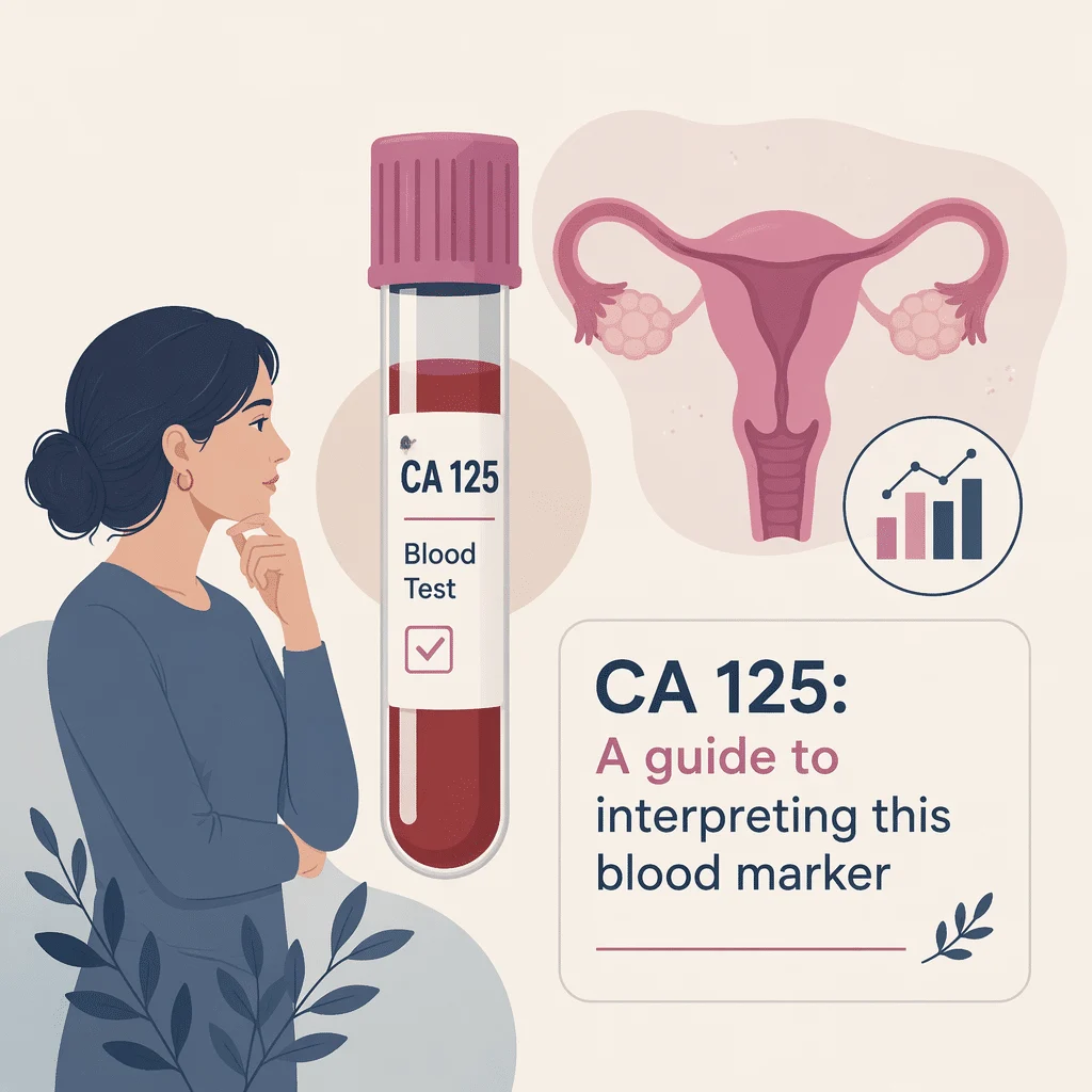 Resultado do teste de sangue CA 125 num relatório laboratorial analisado ao lado de uma ecografia pélvica durante uma consulta de ginecologia