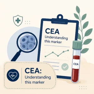 CEA blood test tube in a laboratory beside a chart tracking carcinoembryonic antigen levels over time