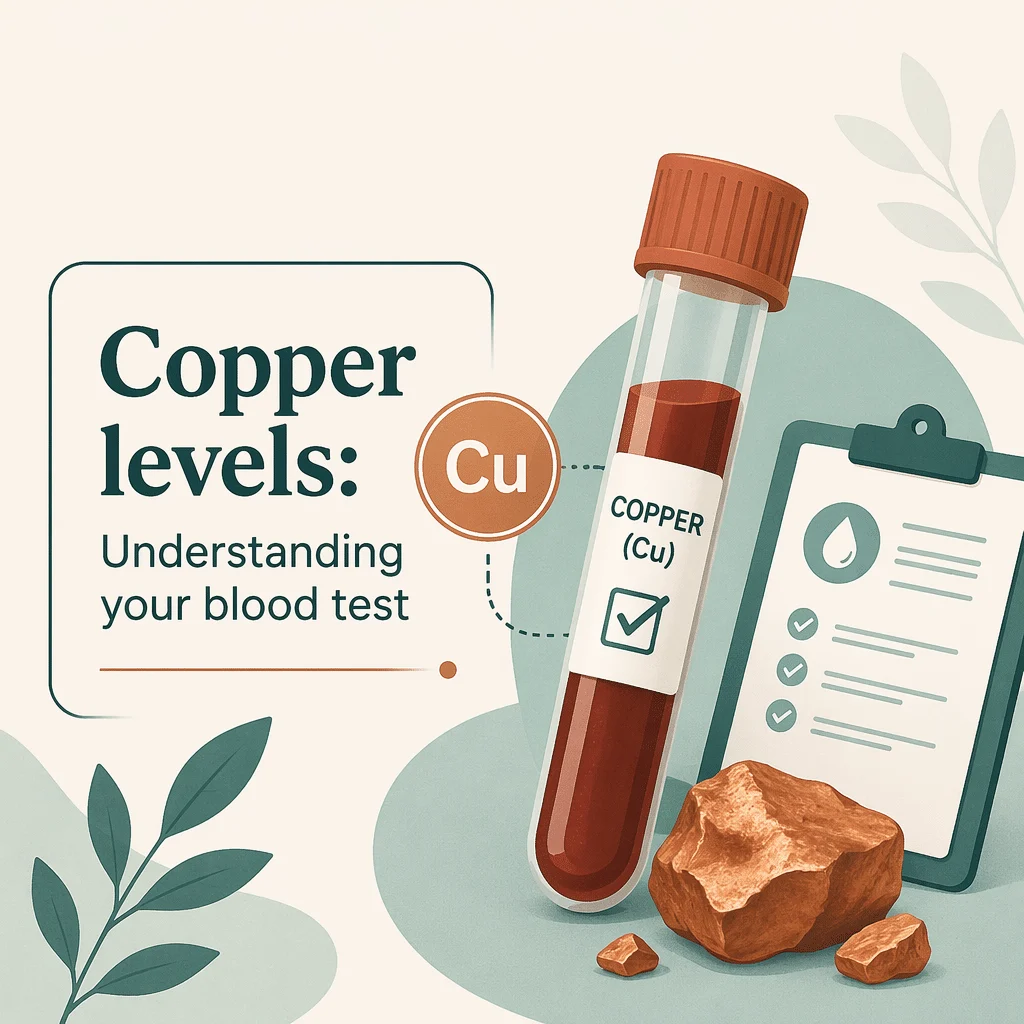 Tubos de análise ao sangue para o cobre ao lado de um relatório laboratorial com os resultados do cobre sérico e da ceruloplasmina lidos em conjunto