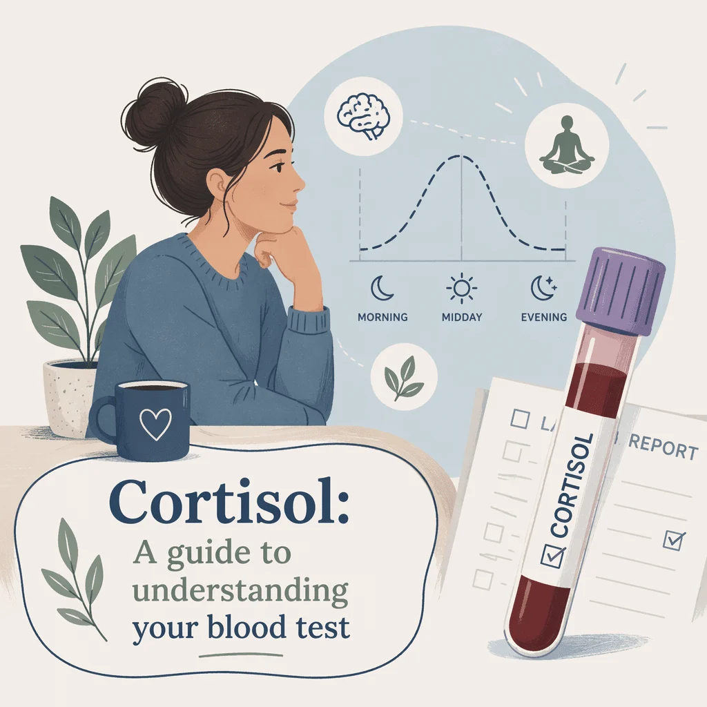 Tubo de colheita de sangue para cortisol às 8h da manhã, ao lado de um gráfico que mostra os níveis de cortisol no pico ao acordar e a descer ao longo do dia