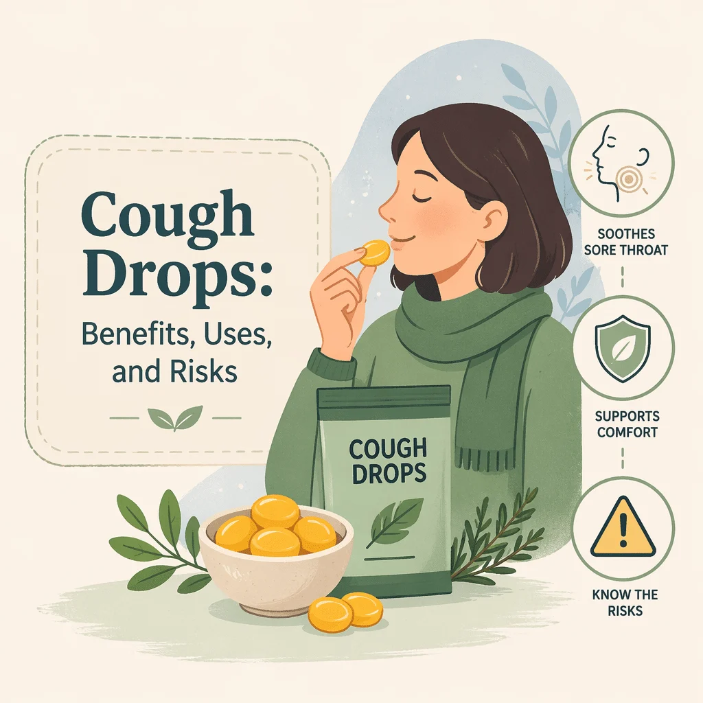 Assorted cough drops and throat lozenges beside a label showing menthol and benzocaine ingredients