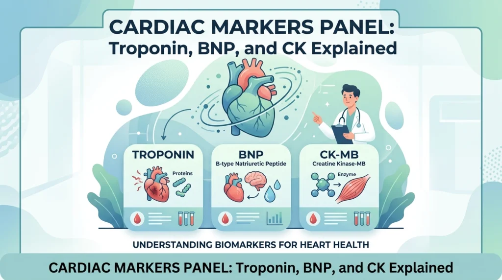 Painel de marcadores cardíacos com análises ao sangue de troponina, BNP e CK