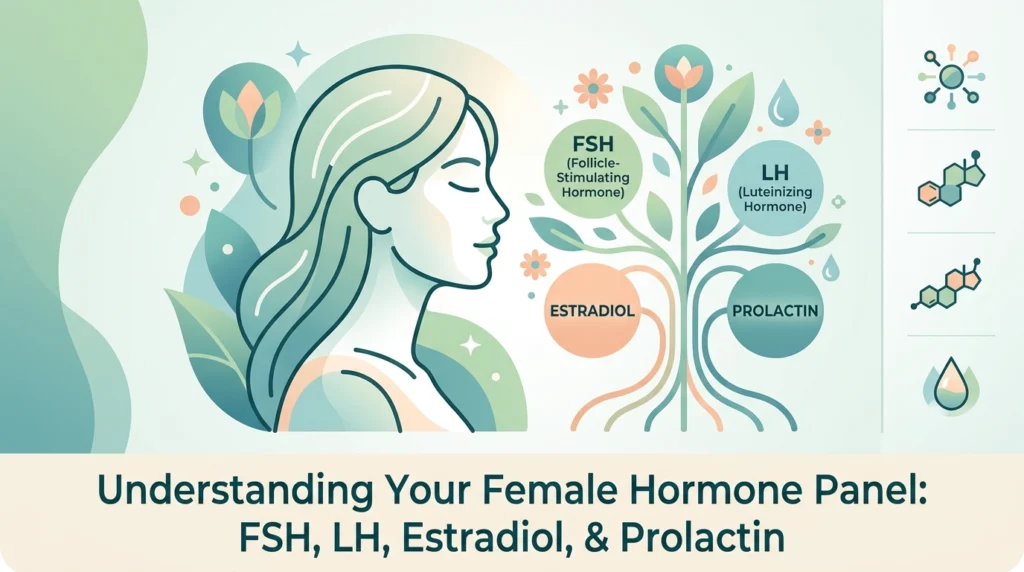 Painel hormonal feminino com resultados de FSH, LH, estradiol e prolactina