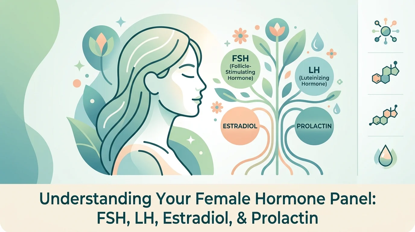 Painel hormonal feminino com resultados de FSH, LH, estradiol e prolactina