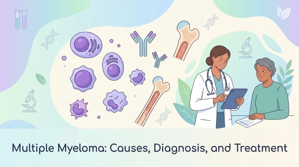 Mieloma múltiplo, um cancro da medula óssea, com as suas causas, diagnóstico e tratamento