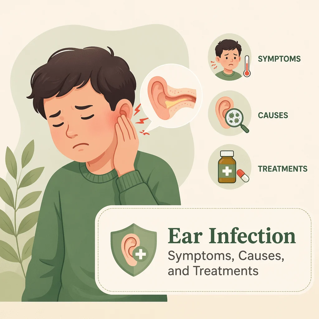 Ear infection illustration showing the middle ear behind the eardrum and the outer ear canal affected by swimmer's ear