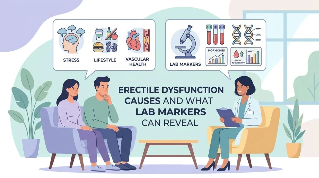 Médico a analisar resultados de análises ao sangue com um doente do sexo masculino para explorar as causas da disfunção erétil e os marcadores laboratoriais relacionados