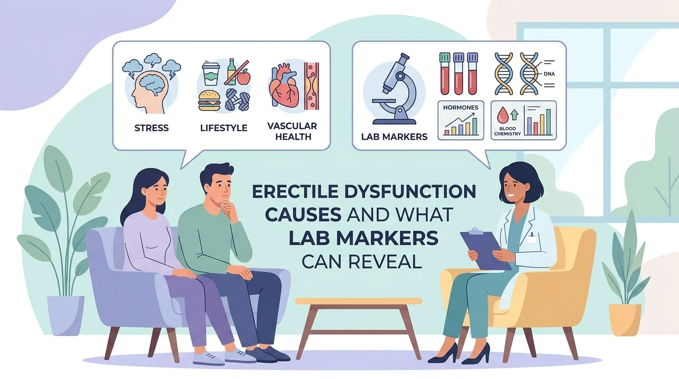 Médico a analisar resultados de análises ao sangue com um doente do sexo masculino para explorar as causas da disfunção erétil e os marcadores laboratoriais relacionados