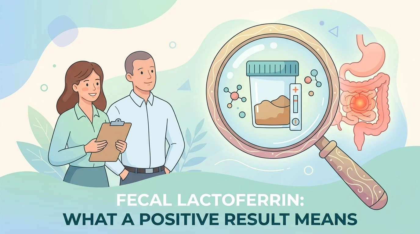 Conceito do teste de lactoferrina fecal nas fezes, mostrando a proteína libertada pelos neutrófilos como marcador de inflamação intestinal na avaliação da doença inflamatória intestinal