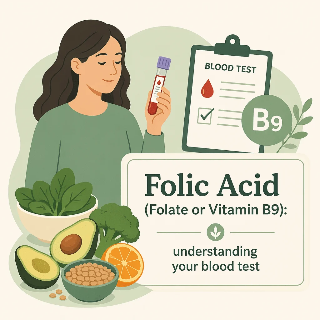 Tubo de análise ao sangue para ácido fólico e relatório laboratorial com os níveis de folato sérico a par de um resultado de vitamina B12