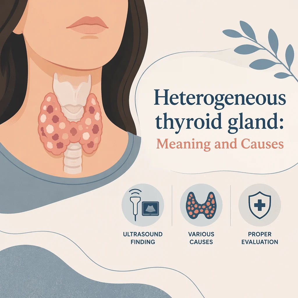 Heterogeneous thyroid seen as uneven echotexture on a neck ultrasound scan, with common benign causes