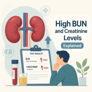 신장 기능 검사에 사용된 혈액 튜브와 함께 BUN 및 크레아티닌 수치가 높게 나온 검사 결과지