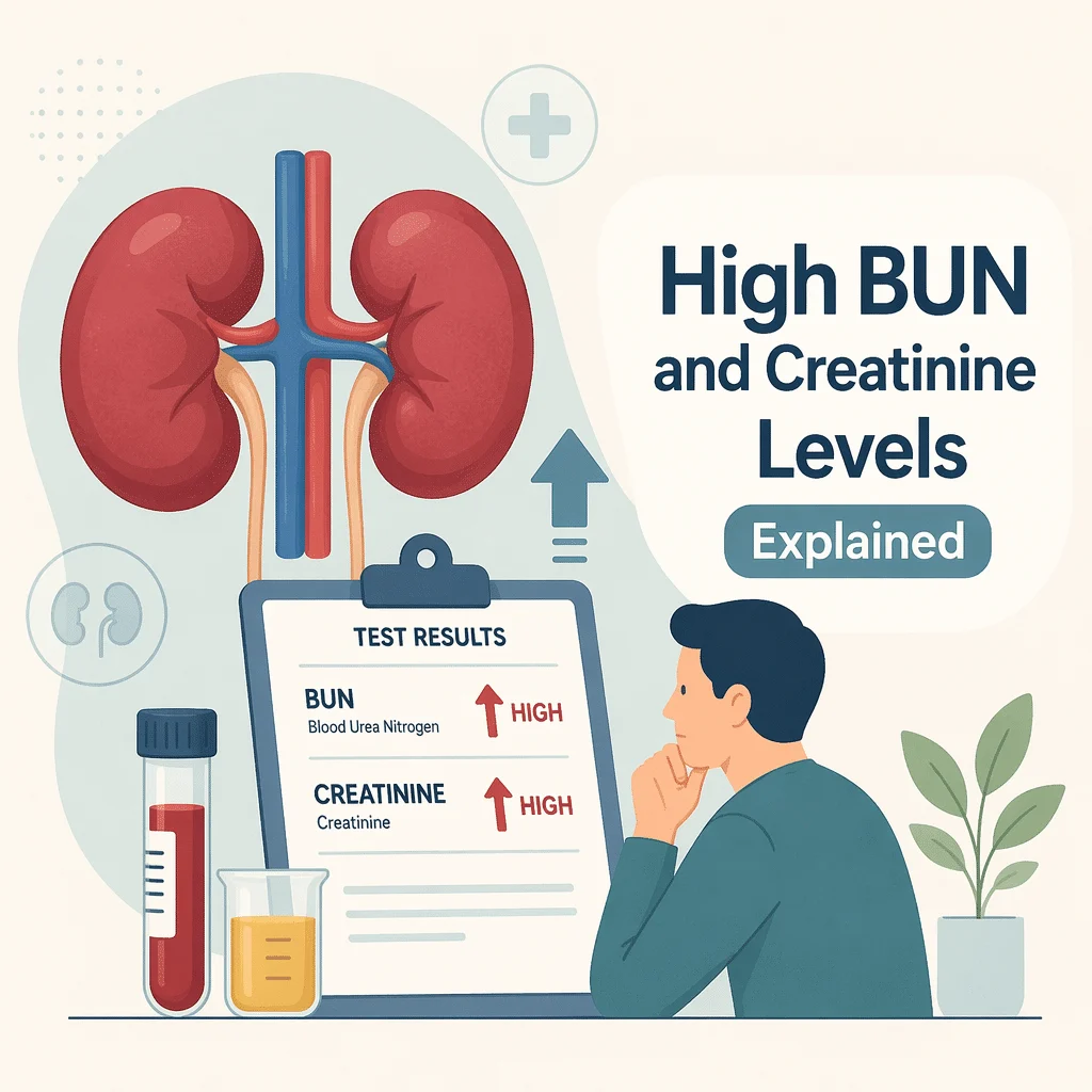 Lab report showing high BUN and creatinine results with a blood tube used for kidney function testing