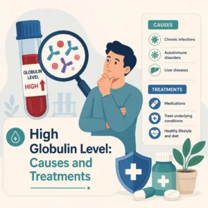 High globulin level on a blood test report shown next to total protein, albumin and the A/G ratio