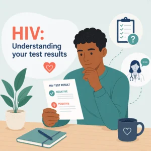 实验室架上的HIV血液检测试管，说明如何解读抗原和抗体筛查结果