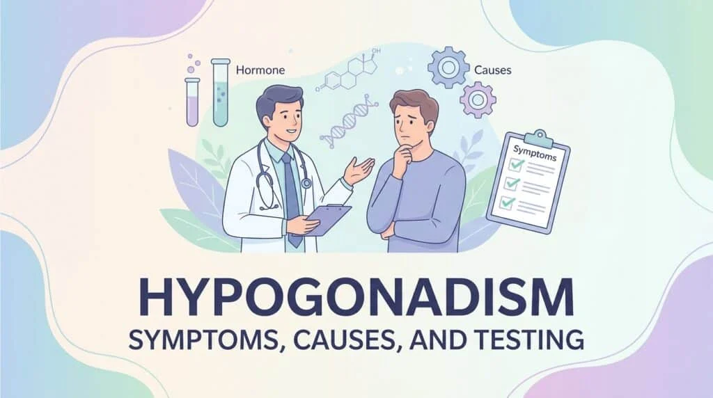 Diagrama do eixo hipotálamo-hipófise-gonadal com as hormonas analisadas no diagnóstico de hipogonadismo em homens e mulheres