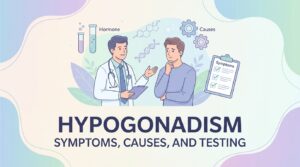 Diagramă a axei hipotalamo-hipofizo-gonadale care arată hormonii testați pentru hipogonadism la bărbați și femei
