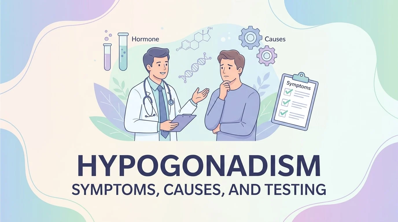 Diagrama do eixo hipotálamo-hipófise-gonadal com as hormonas analisadas no diagnóstico de hipogonadismo em homens e mulheres