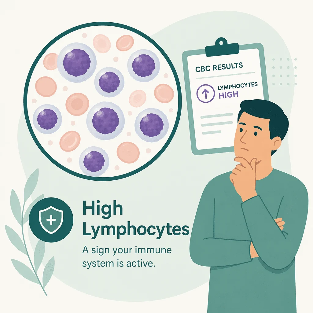 High lymphocytes explained: lymphocyte cells in a blood sample shown beside a routine complete blood count report