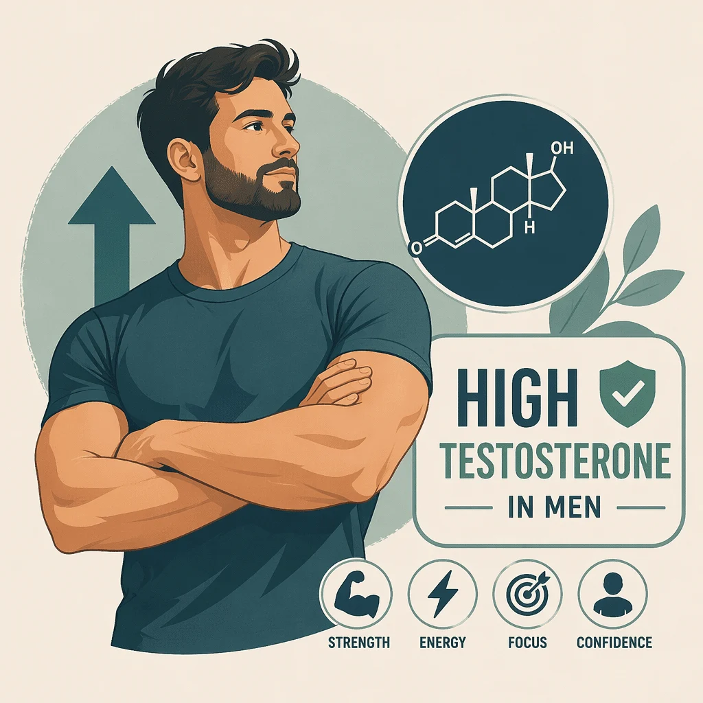 High testosterone in men flagged above range on a printed blood test report next to LH, FSH and hematocrit results
