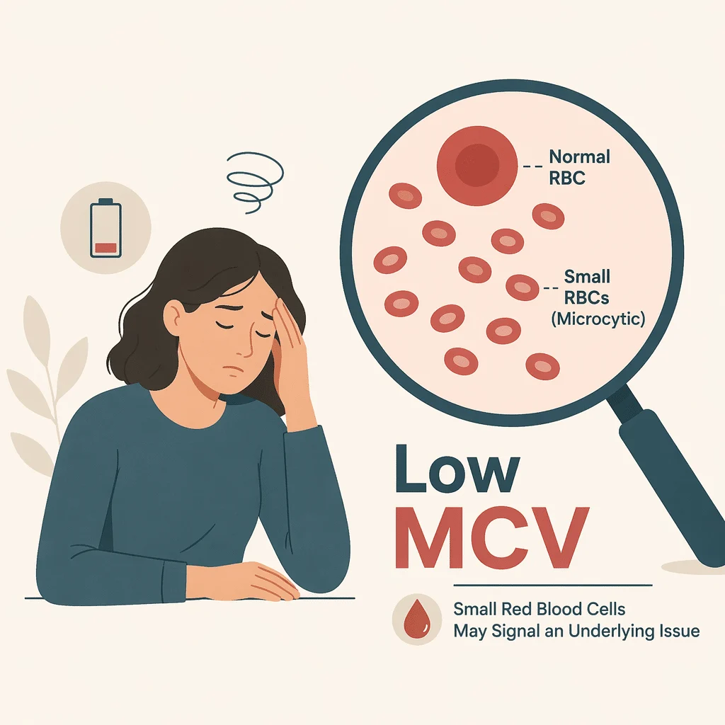 Low MCV on a full blood count report read next to red cell count, RDW and ferritin to find the cause