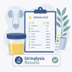 Relatório de análise de urina com tiras de teste para proteínas, glicose, sangue, nitritos e esterase leucocitária
