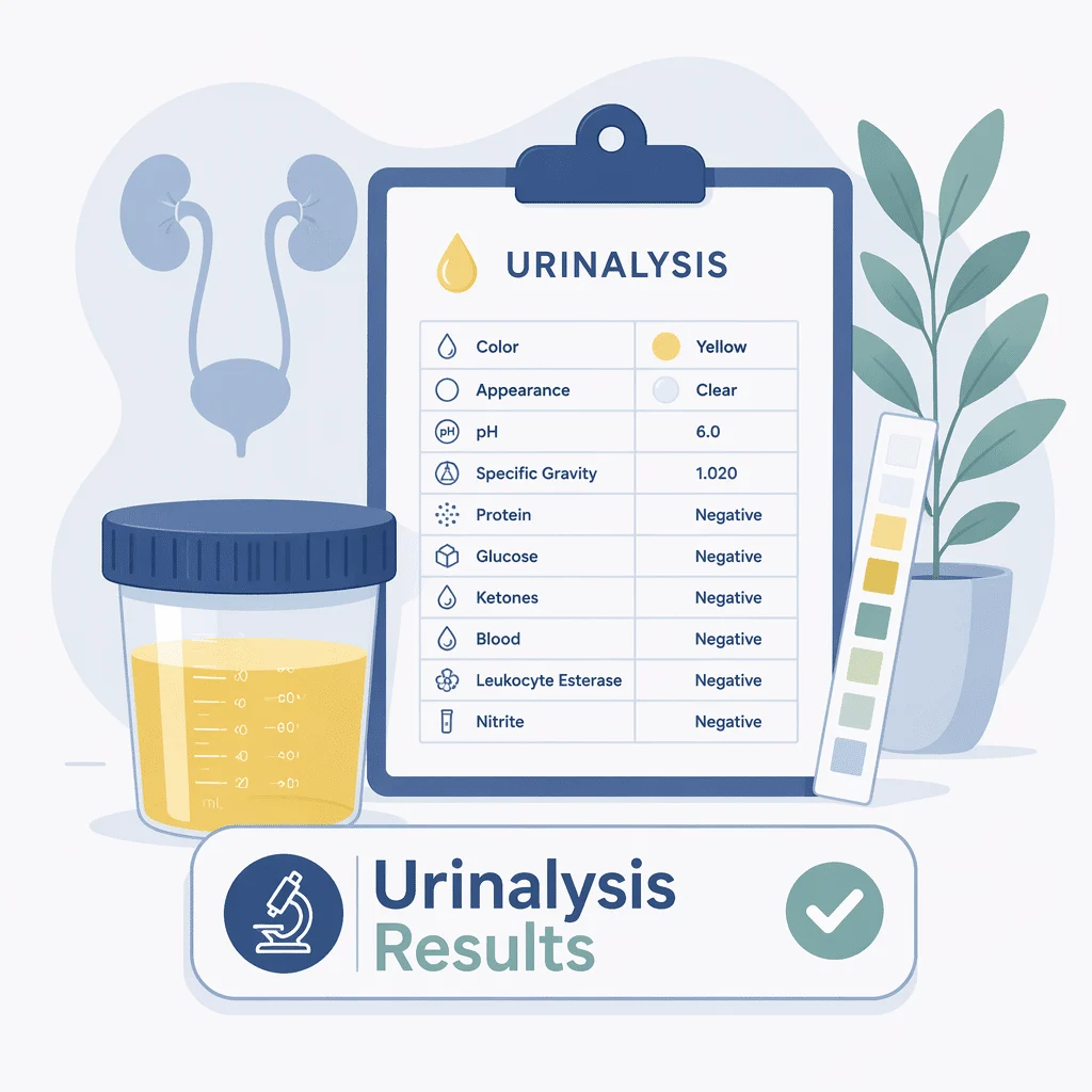 Urinalysis results report showing dipstick pads for protein, glucose, blood, nitrite and leukocyte esterase