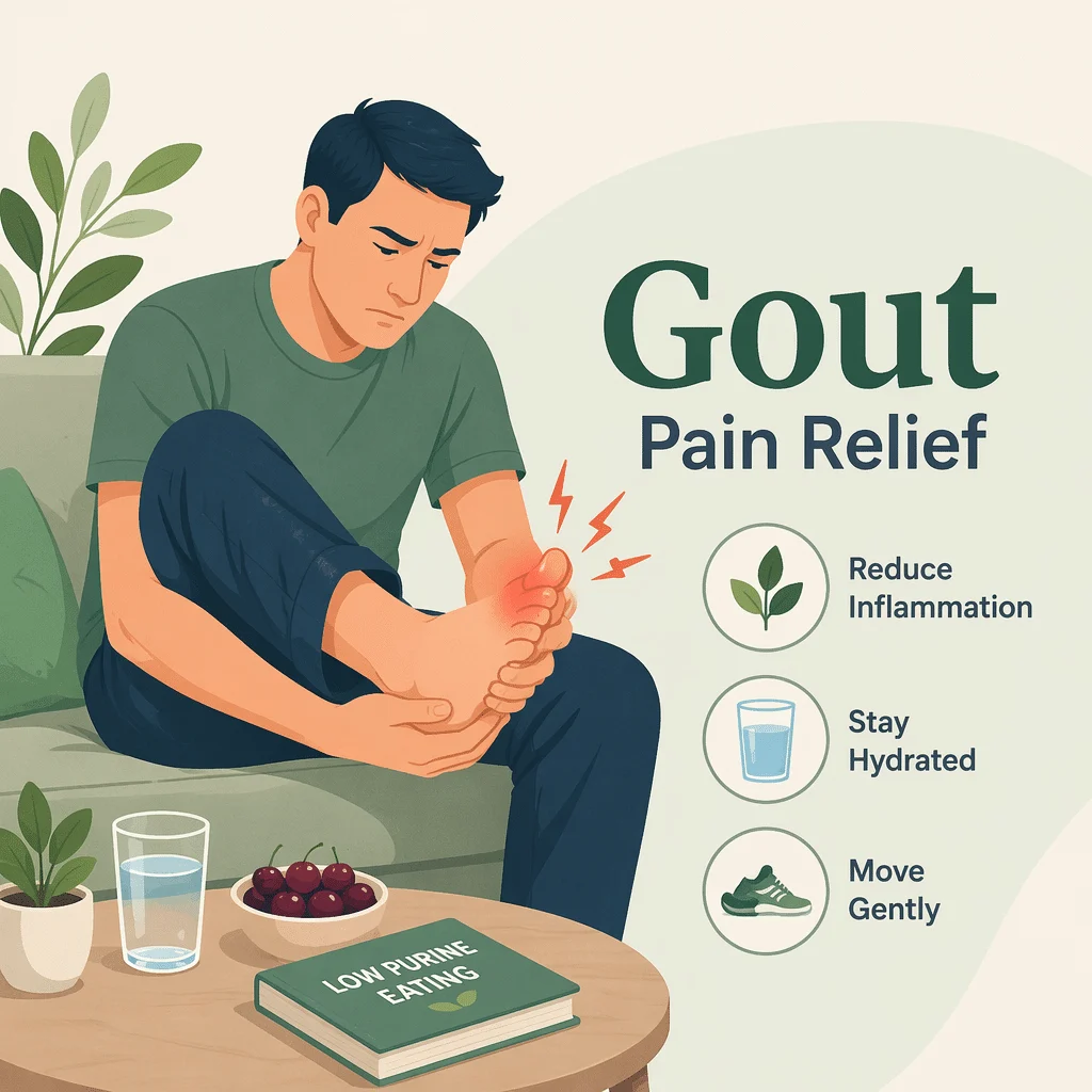Gout pain relief for a swollen, inflamed big toe joint, with flare care and urate-lowering treatment to prevent attacks