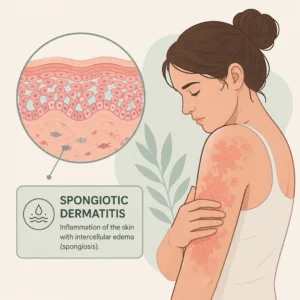Spongiotic dermatitis explained as a microscope pattern of fluid between skin cells on a biopsy report
