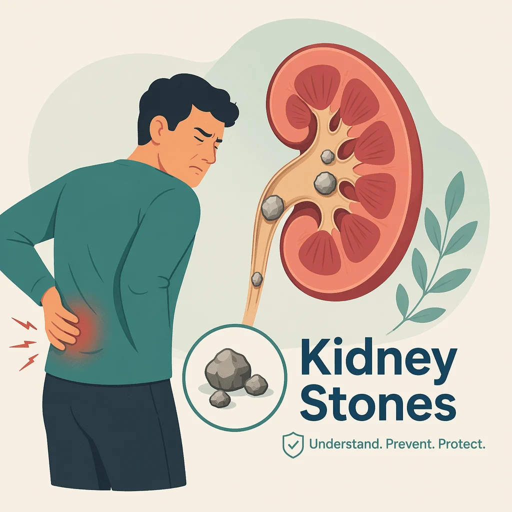 Kidney stones forming in the kidney and moving into the ureter, causing renal colic pain in the flank