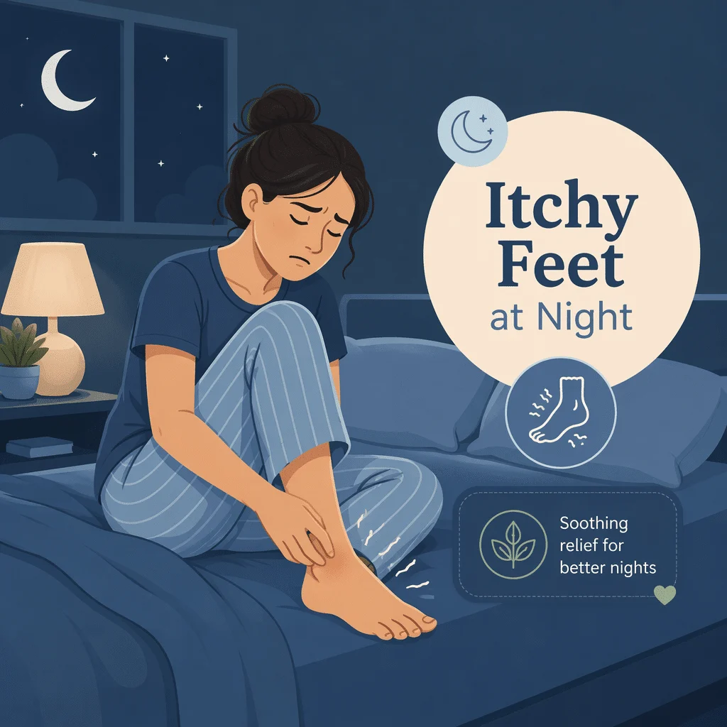 Itchy feet at night shown as a person sitting on a bed at low light scratching the sole of one bare foot