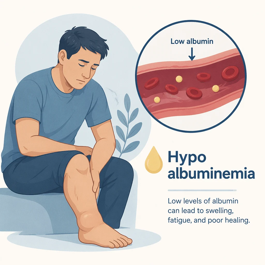 Hypoalbuminemia, low blood albumin, with its causes and risks