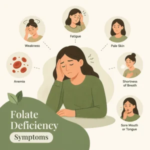 Folate deficiency symptoms including fatigue, pallor and a sore red tongue, with vitamin B12 checked alongside folate