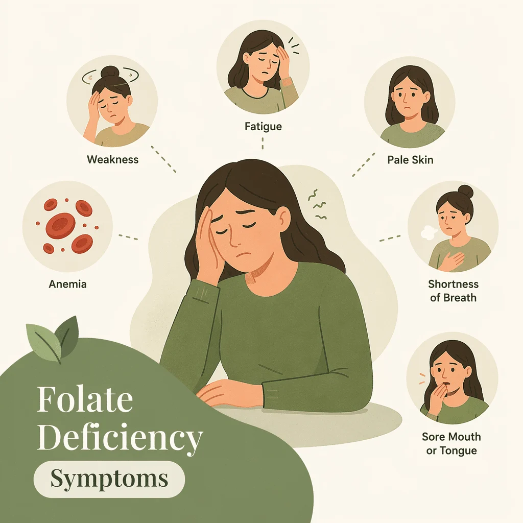 Folate deficiency symptoms including fatigue, pallor and a sore red tongue, with vitamin B12 checked alongside folate